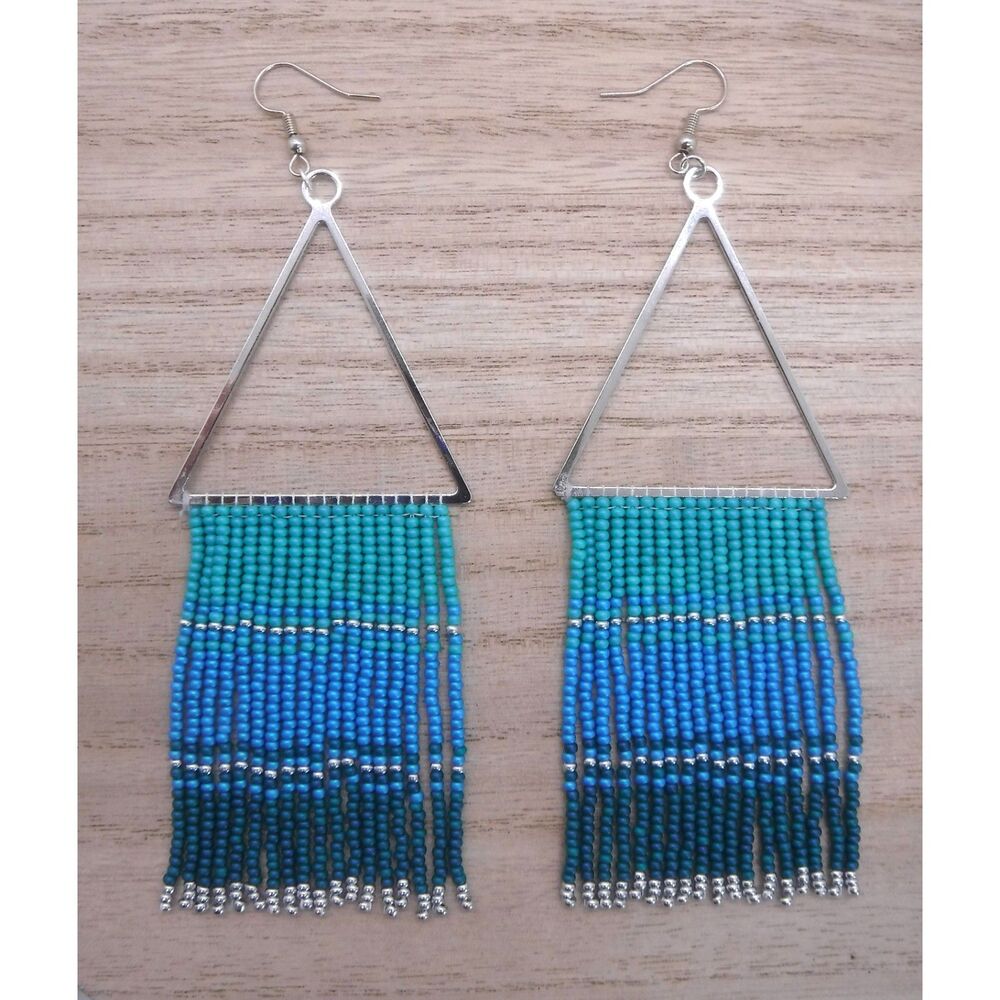 Earrings Beaded Silver Triangle Multicolored